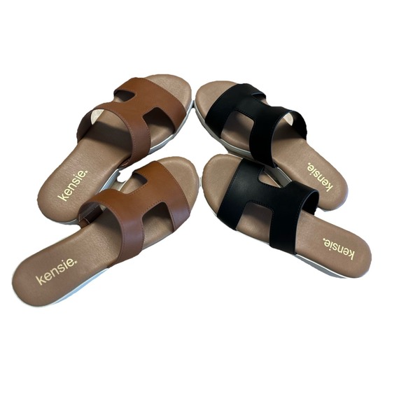 Kensie Women's Elena H Band Slide Sandal COGNAC AND BLACK (2 PAIRS) Size 8M - Picture 1 of 16